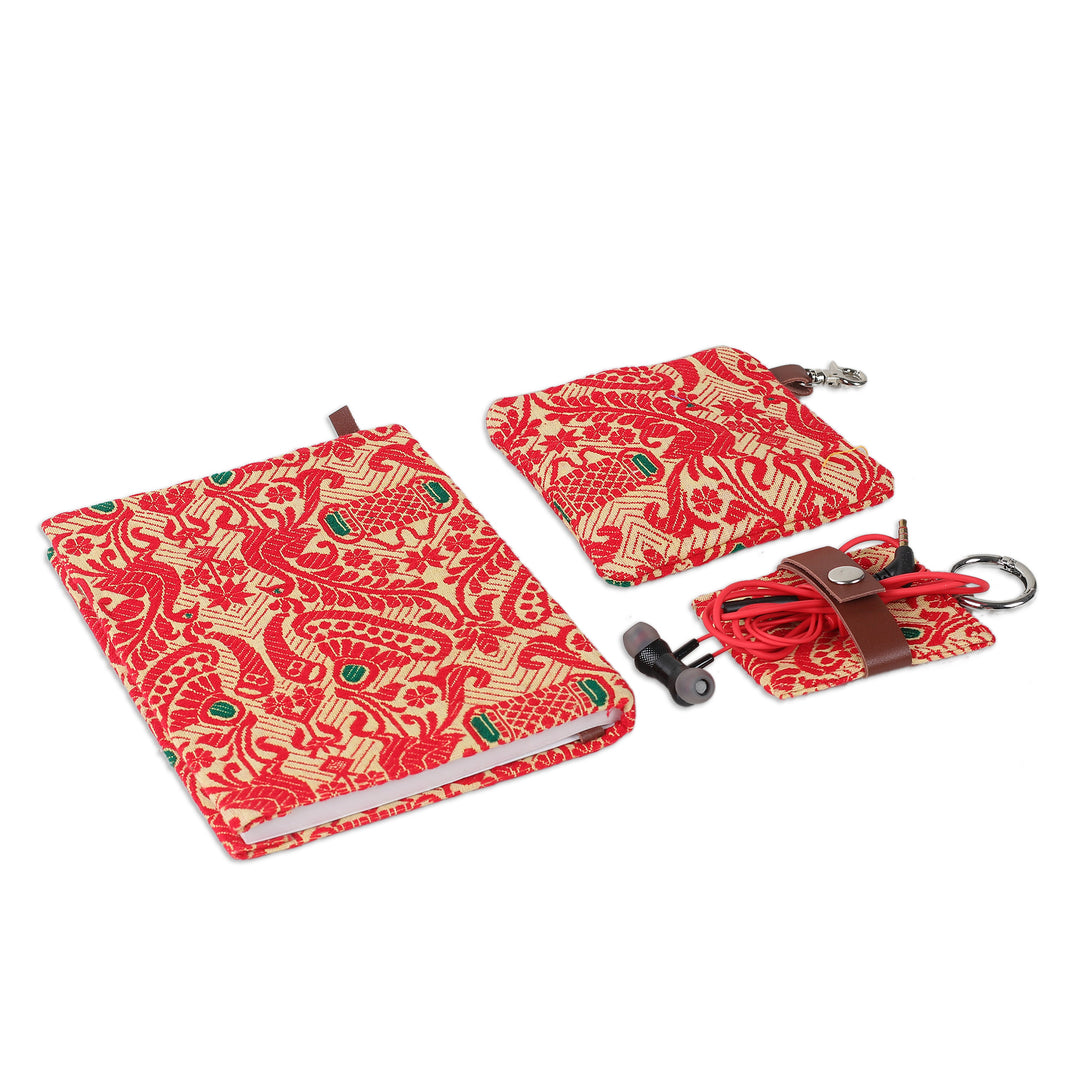 Leather-Accented Cotton Jacquard Journal Pouch Keychain Set - Assam Beauty