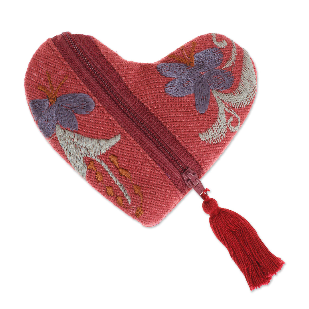 Embroidered Floral Heart-Shaped Burgundy Cotton Coin Purse - Frugal Romance