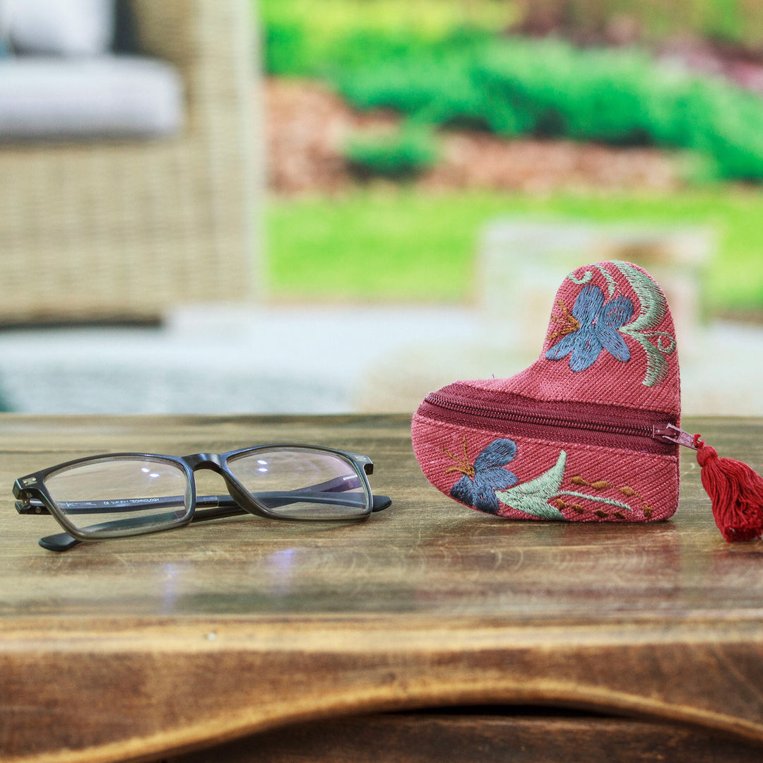 Embroidered Floral Heart-Shaped Burgundy Cotton Coin Purse - Frugal Romance