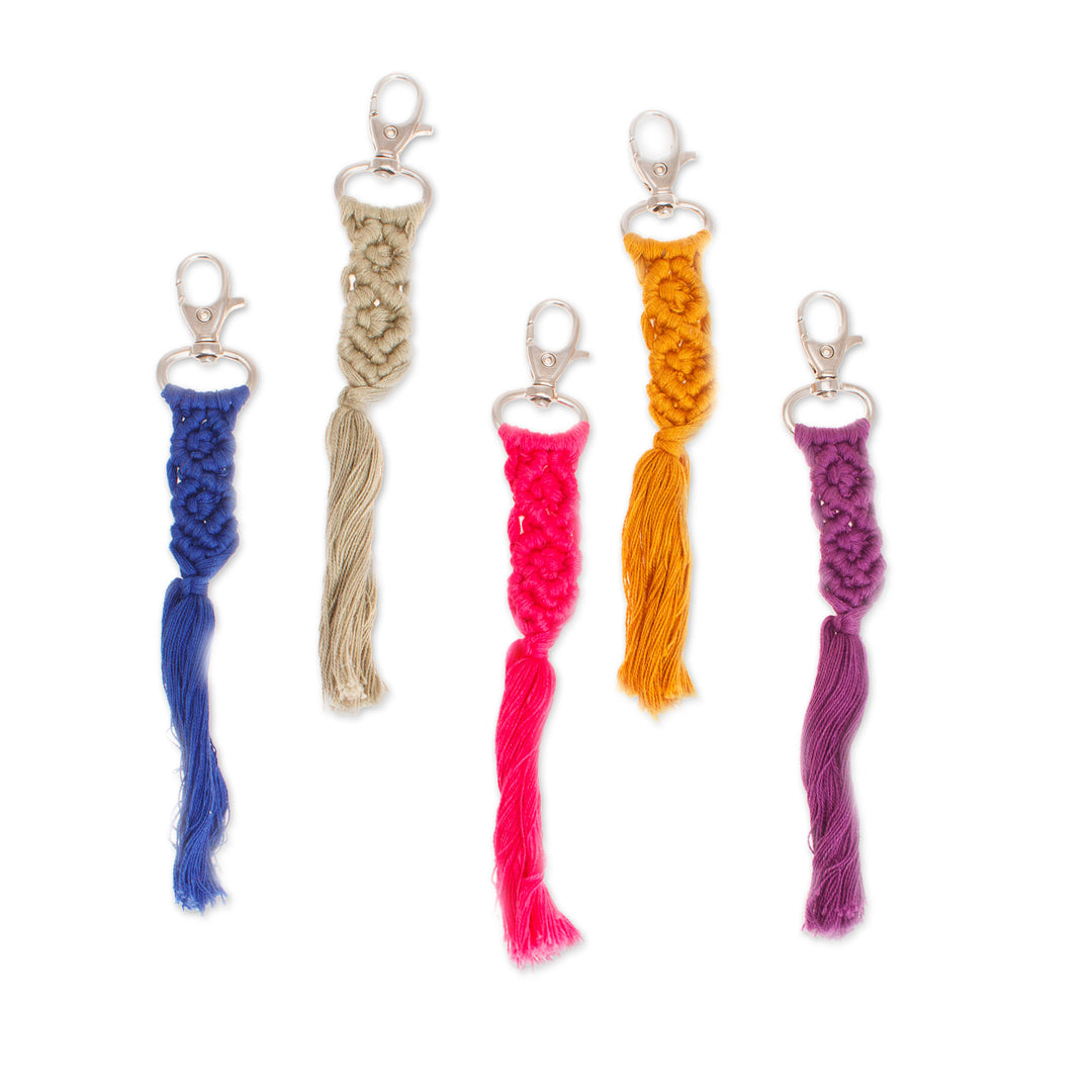 Set of 5 Handwoven Cotton Keychains with Steel Hooks - Braided Colors