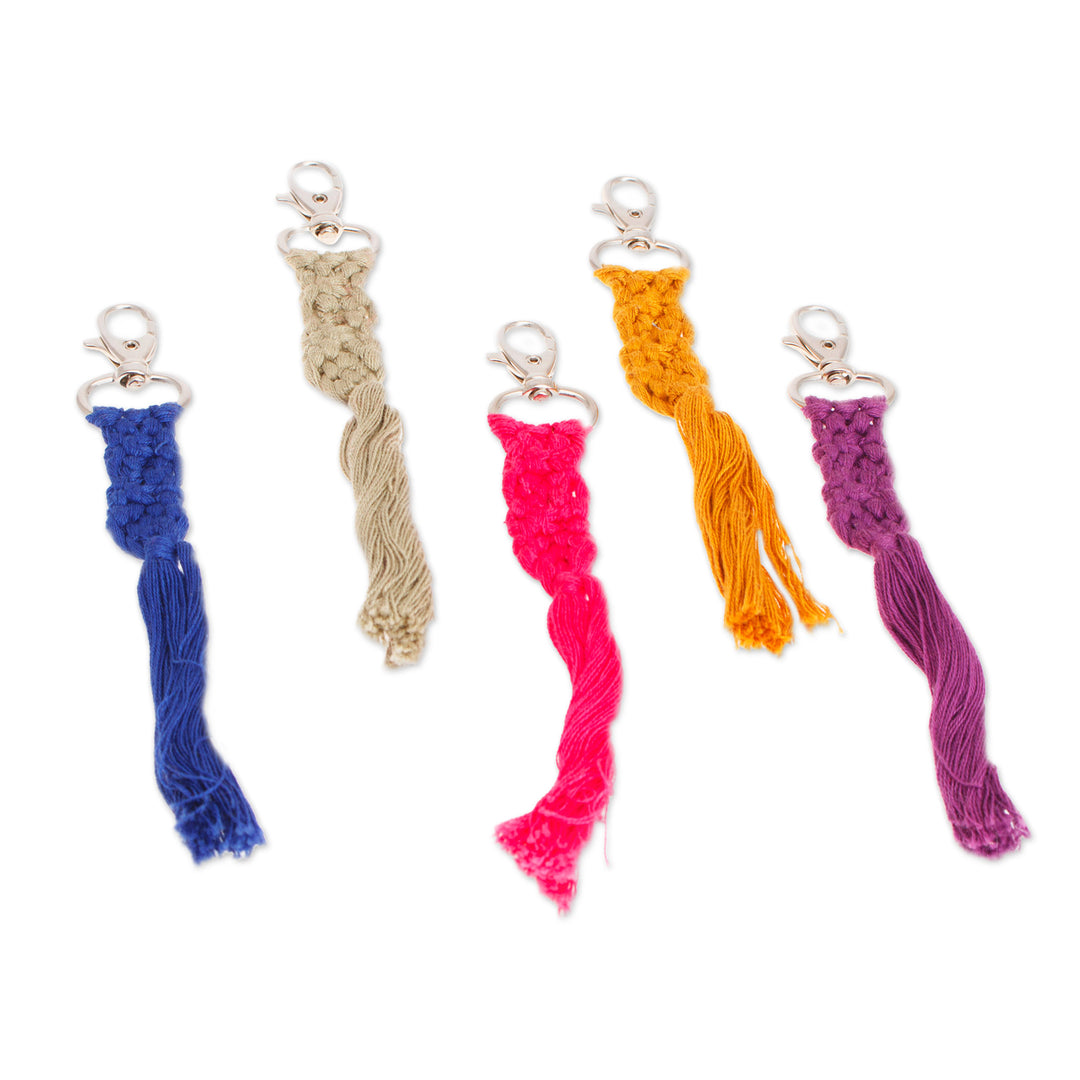 Set of 5 Handwoven Cotton Keychains with Steel Hooks - Braided Colors