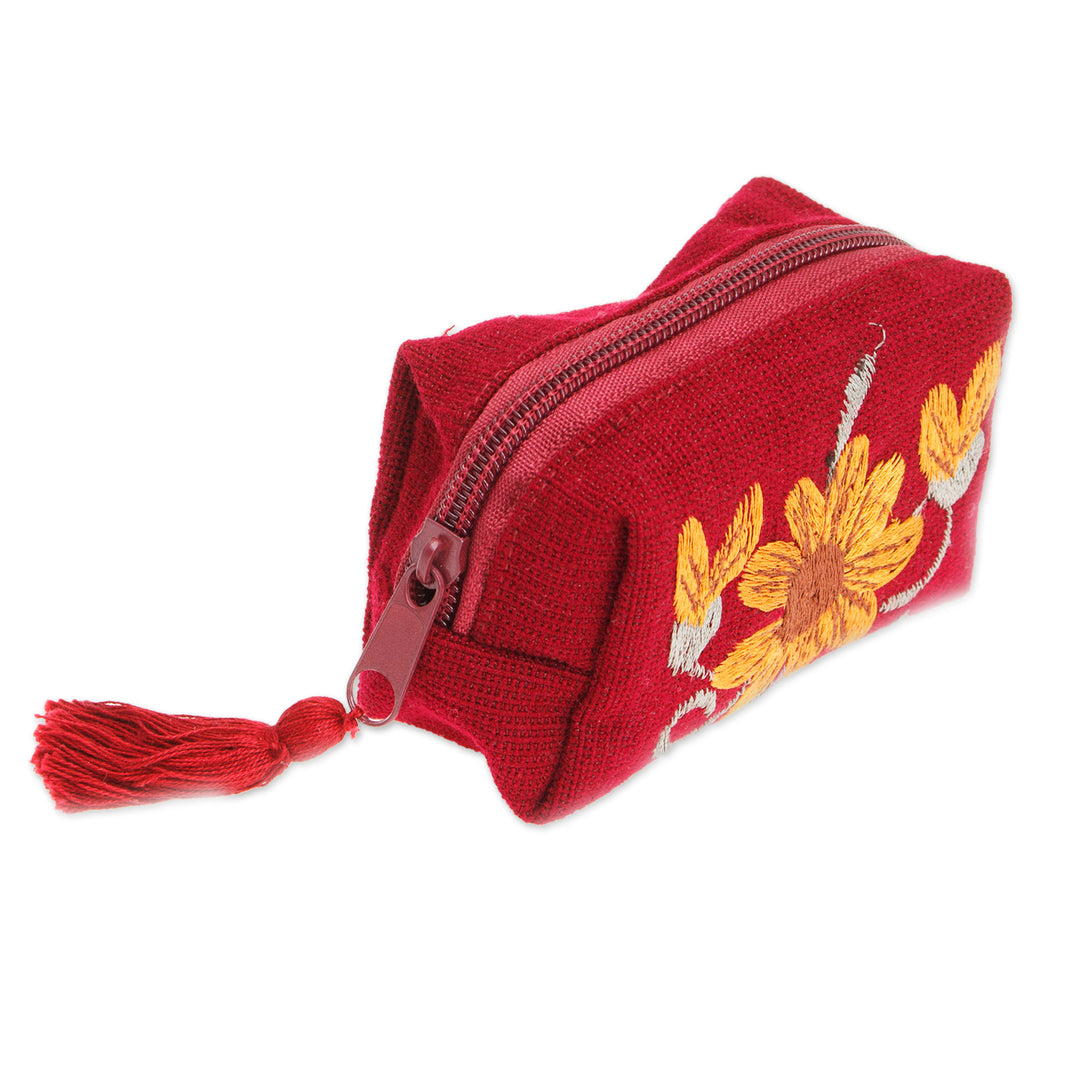 Embroidered Floral Burgundy and Marigold Cotton Coin Purse - Burgundy Spring