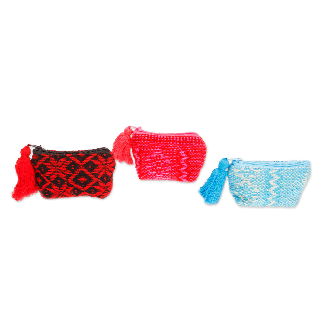 Set of 3 Handmade Geometric Cotton Coin Purses from Mexico - Mini-Geometry