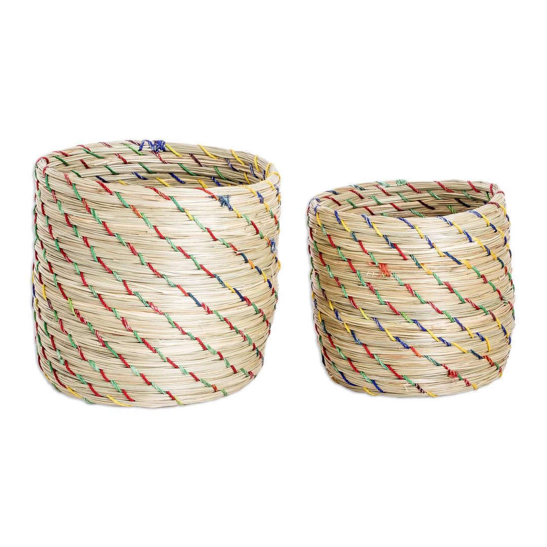 Set of 2 Natural Fiber Baskets with Colorful Acrylic Threads - Practical Forest