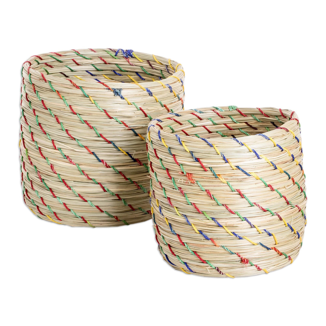 Set of 2 Natural Fiber Baskets with Colorful Acrylic Threads - Practical Forest