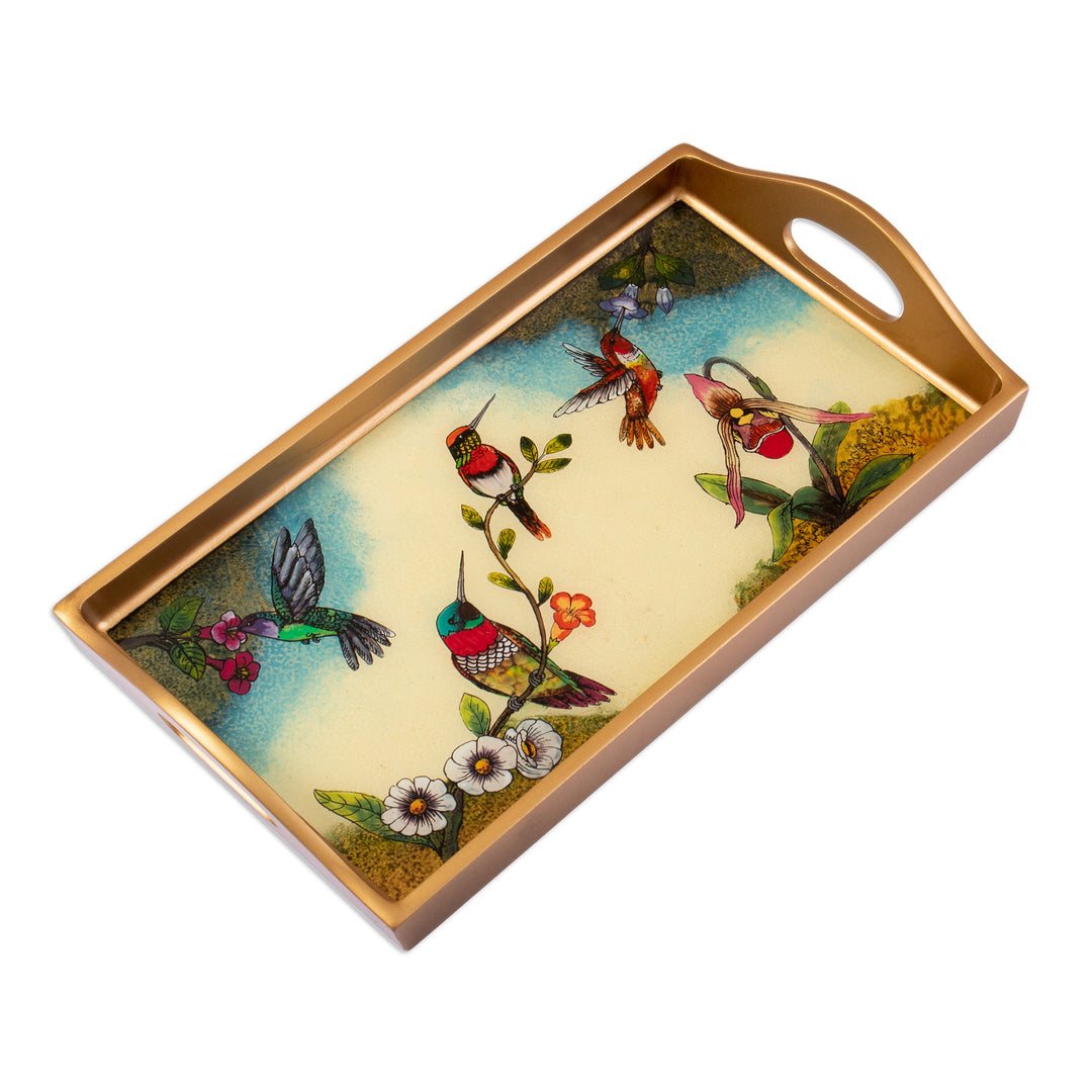 Floral and Bird-Themed Reverse-Painted Glass Tray - Joy at Spring