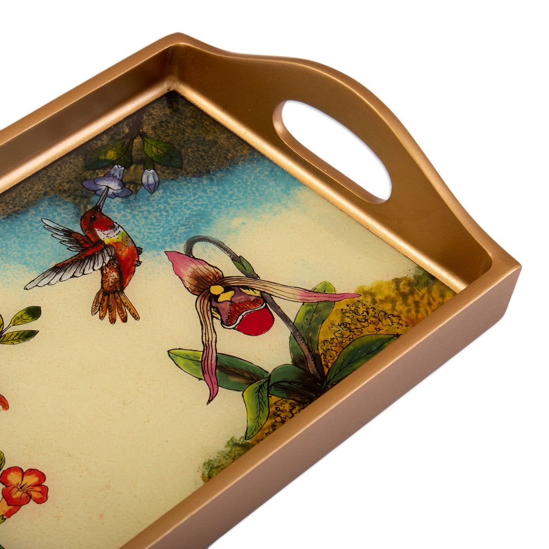 Floral and Bird-Themed Reverse-Painted Glass Tray - Joy at Spring