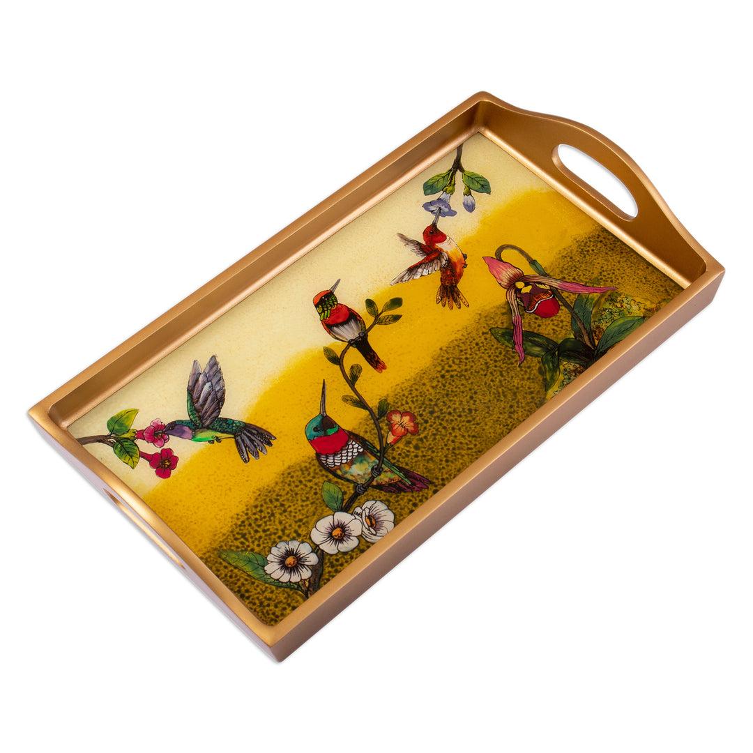 Nature-Themed Reverse-Painted Glass Tray in Warm Hues - Joy at Sunset