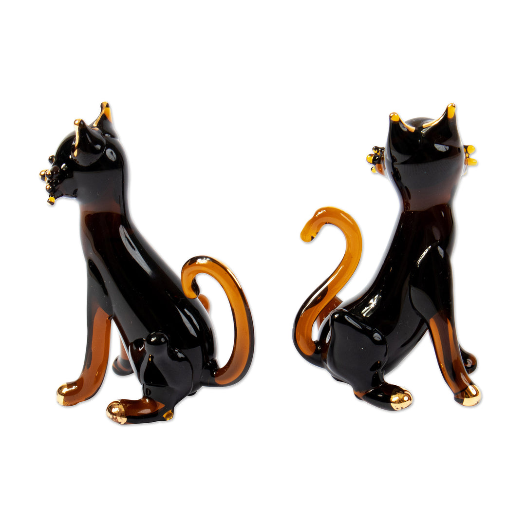 Pair of Gilded Amber Blown Glass Cat Figurines from Peru - Magical Felines
