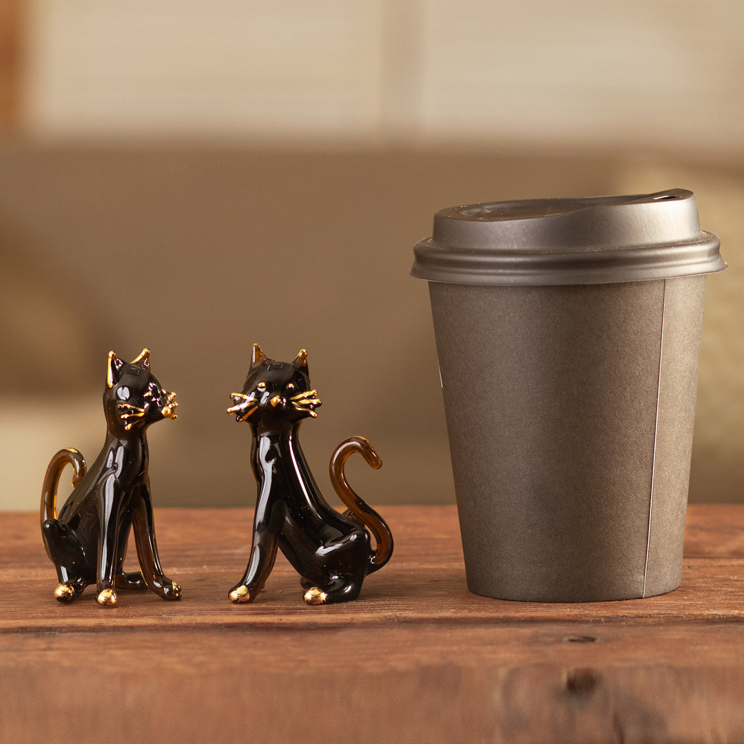 Pair of Gilded Amber Blown Glass Cat Figurines from Peru - Magical Felines