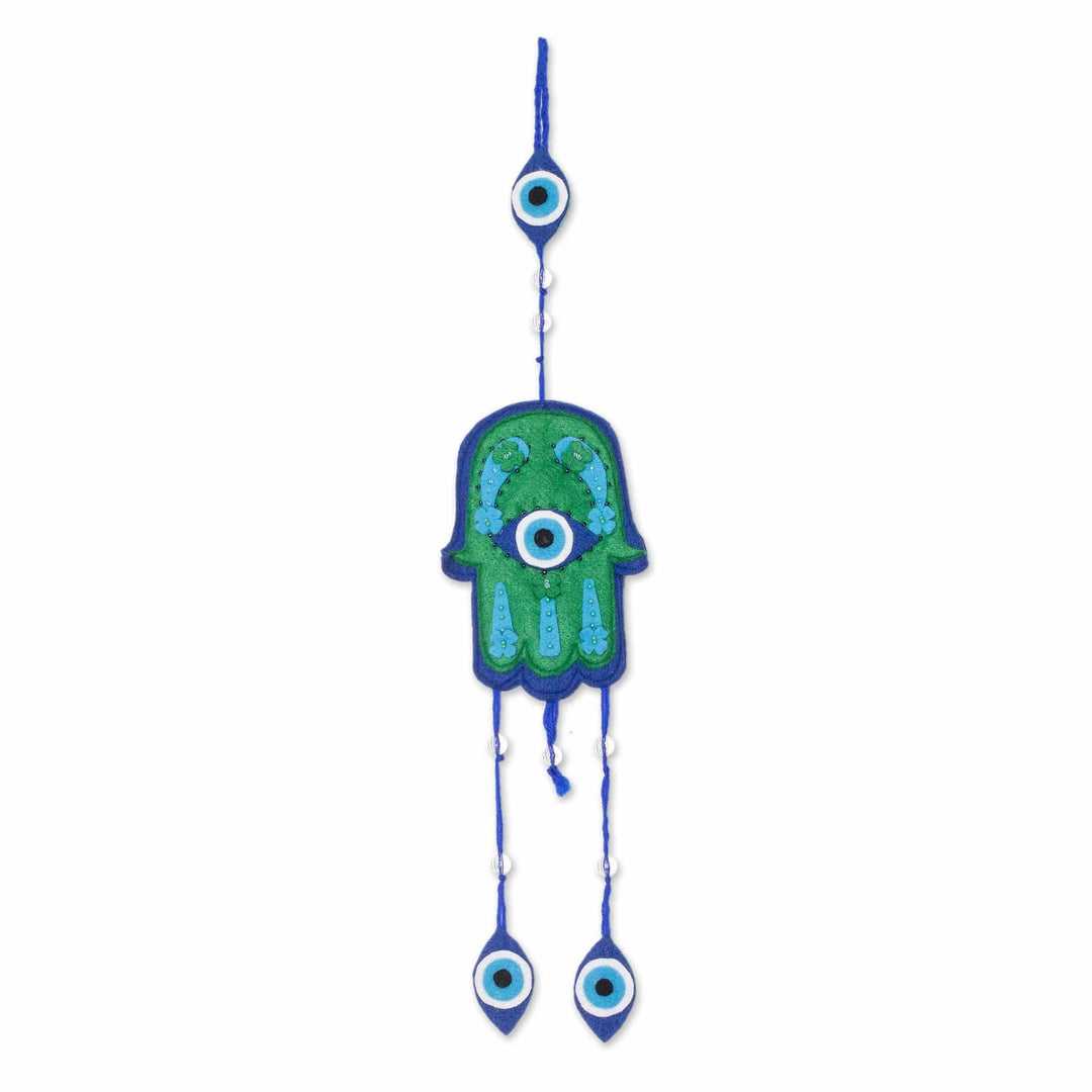 Handcrafted Hamsa-Shaped Blue and Green Beaded Felt Mobile - Hamsa Space