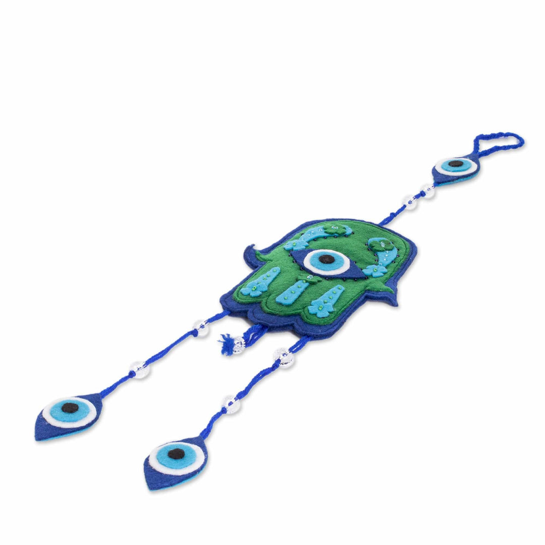 Handcrafted Hamsa-Shaped Blue and Green Beaded Felt Mobile - Hamsa Space
