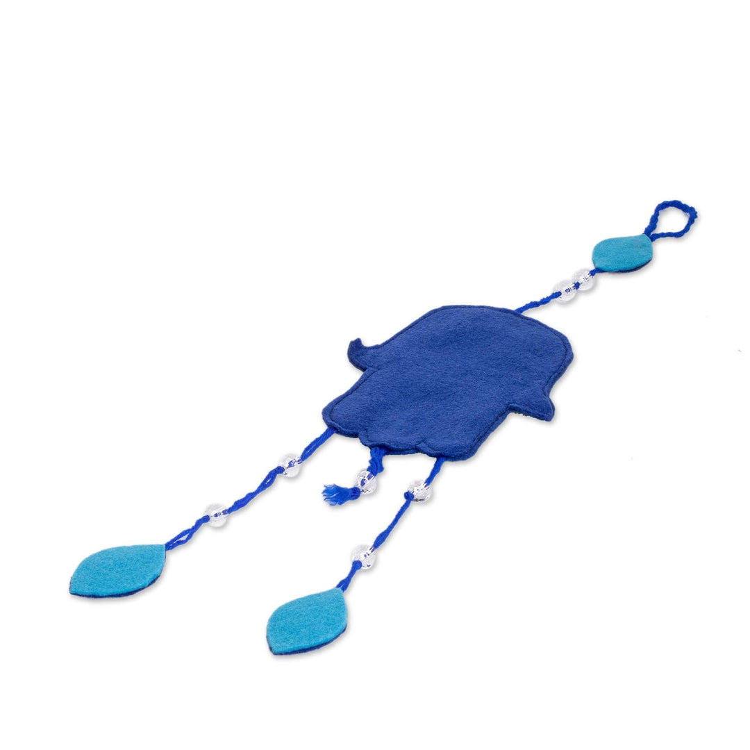 Handcrafted Hamsa-Shaped Blue and Green Beaded Felt Mobile - Hamsa Space