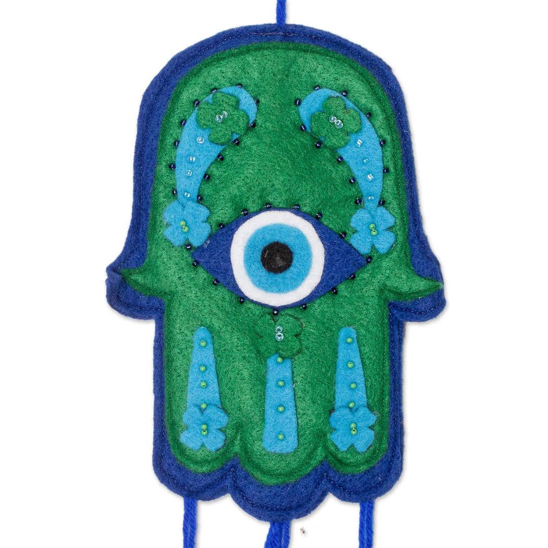 Handcrafted Hamsa-Shaped Blue and Green Beaded Felt Mobile - Hamsa Space