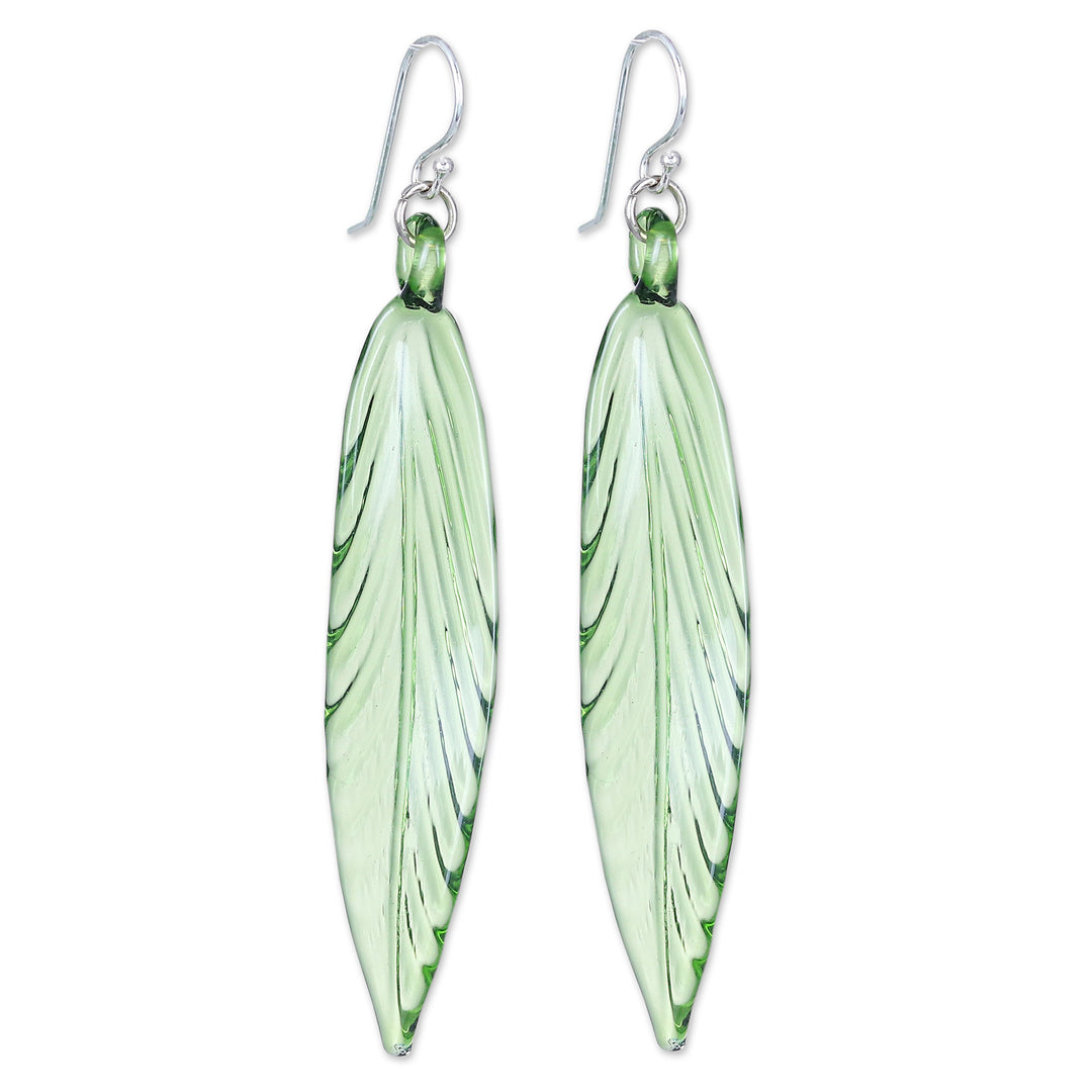 Handblown Leaf-Shaped Green Glass Dangle Earrings - Bamboo Leaf