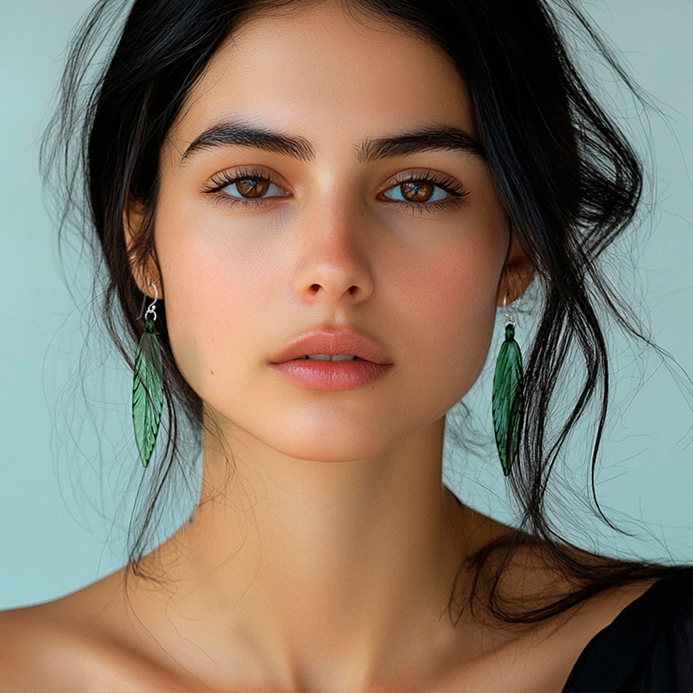 Handblown Leaf-Shaped Green Glass Dangle Earrings - Bamboo Leaf