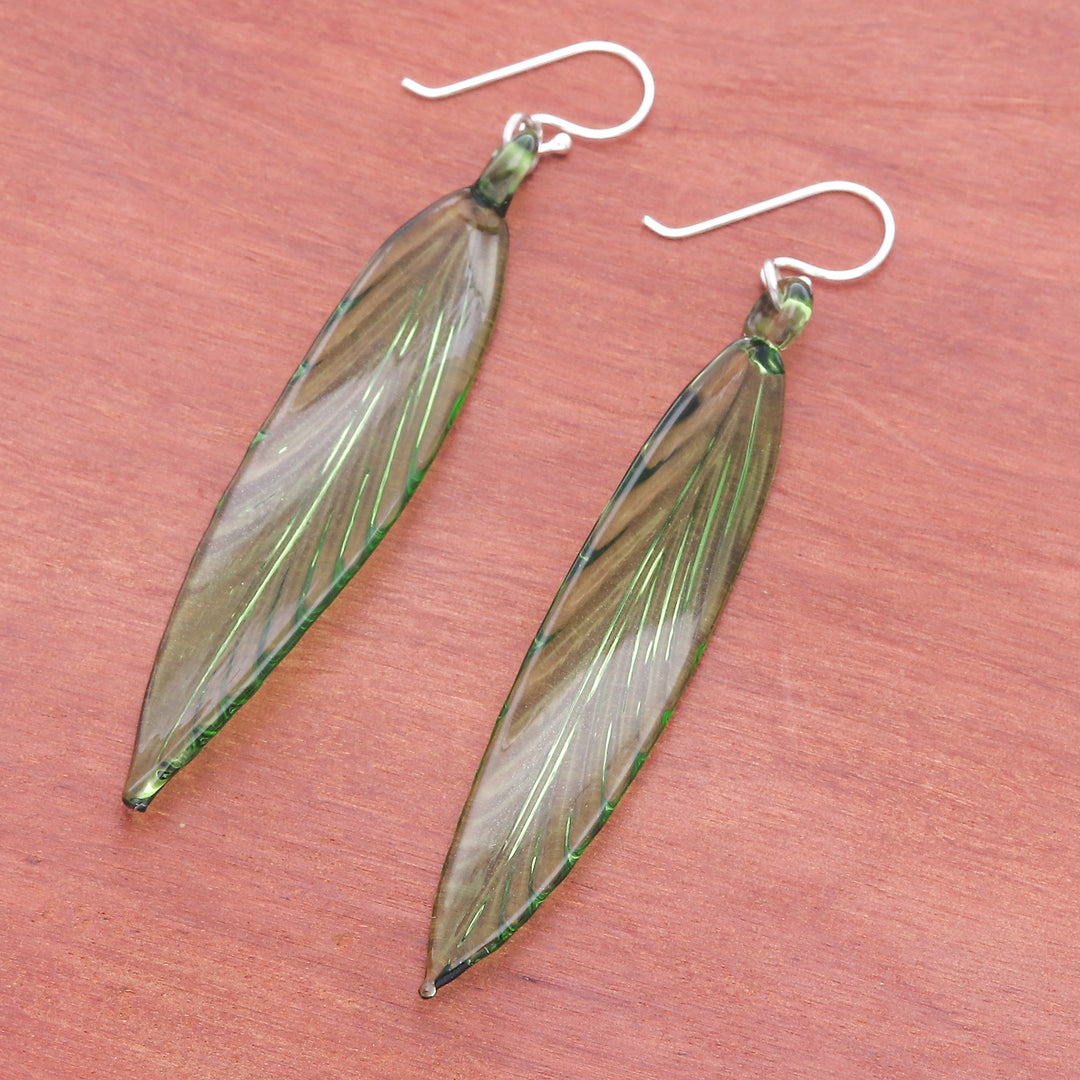 Handblown Leaf-Shaped Green Glass Dangle Earrings - Bamboo Leaf