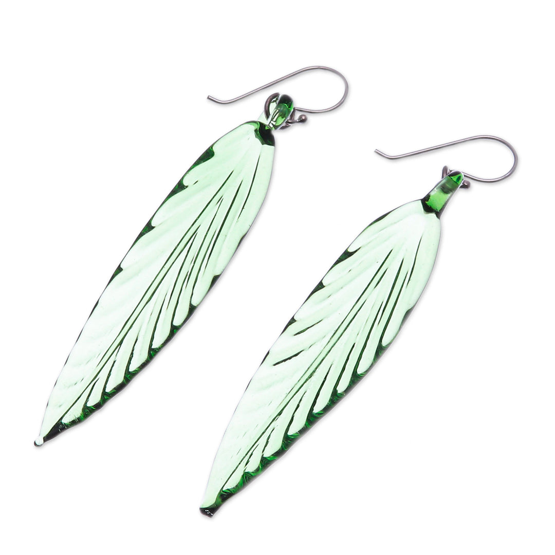 Handblown Leaf-Shaped Green Glass Dangle Earrings - Bamboo Leaf