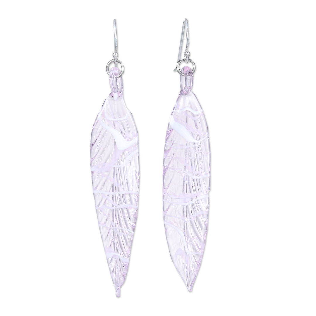 Handblown Leaf-Shaped Pink Glass Dangle Earrings - Ethereal Leaf
