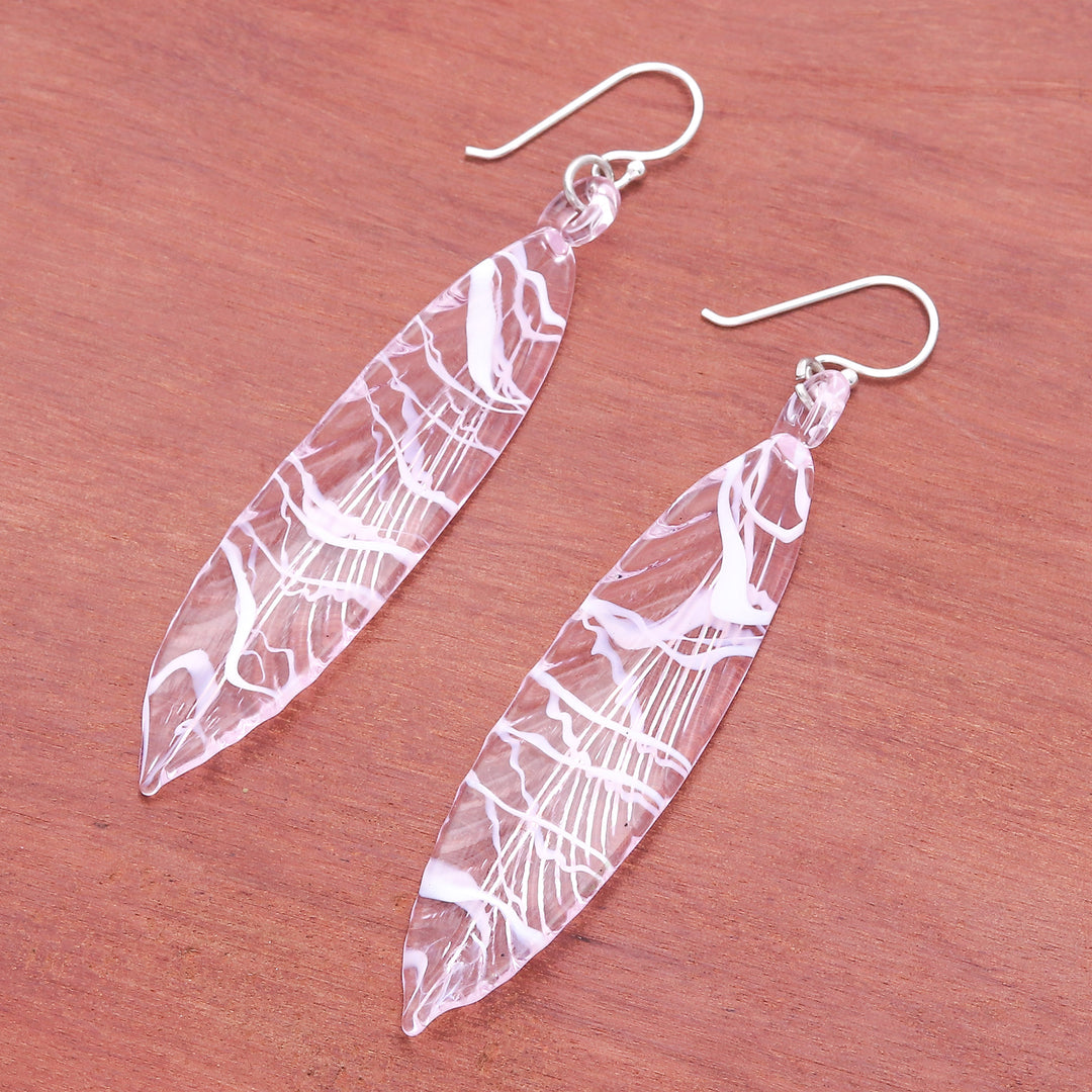 Handblown Leaf-Shaped Pink Glass Dangle Earrings - Ethereal Leaf