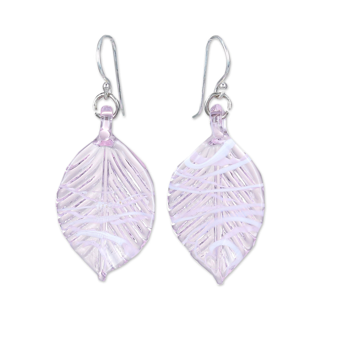 Handblown Leafy Pink and White Glass Dangle Earrings - Tender Foliage