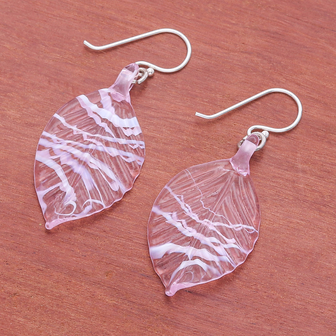 Handblown Leafy Pink and White Glass Dangle Earrings - Tender Foliage