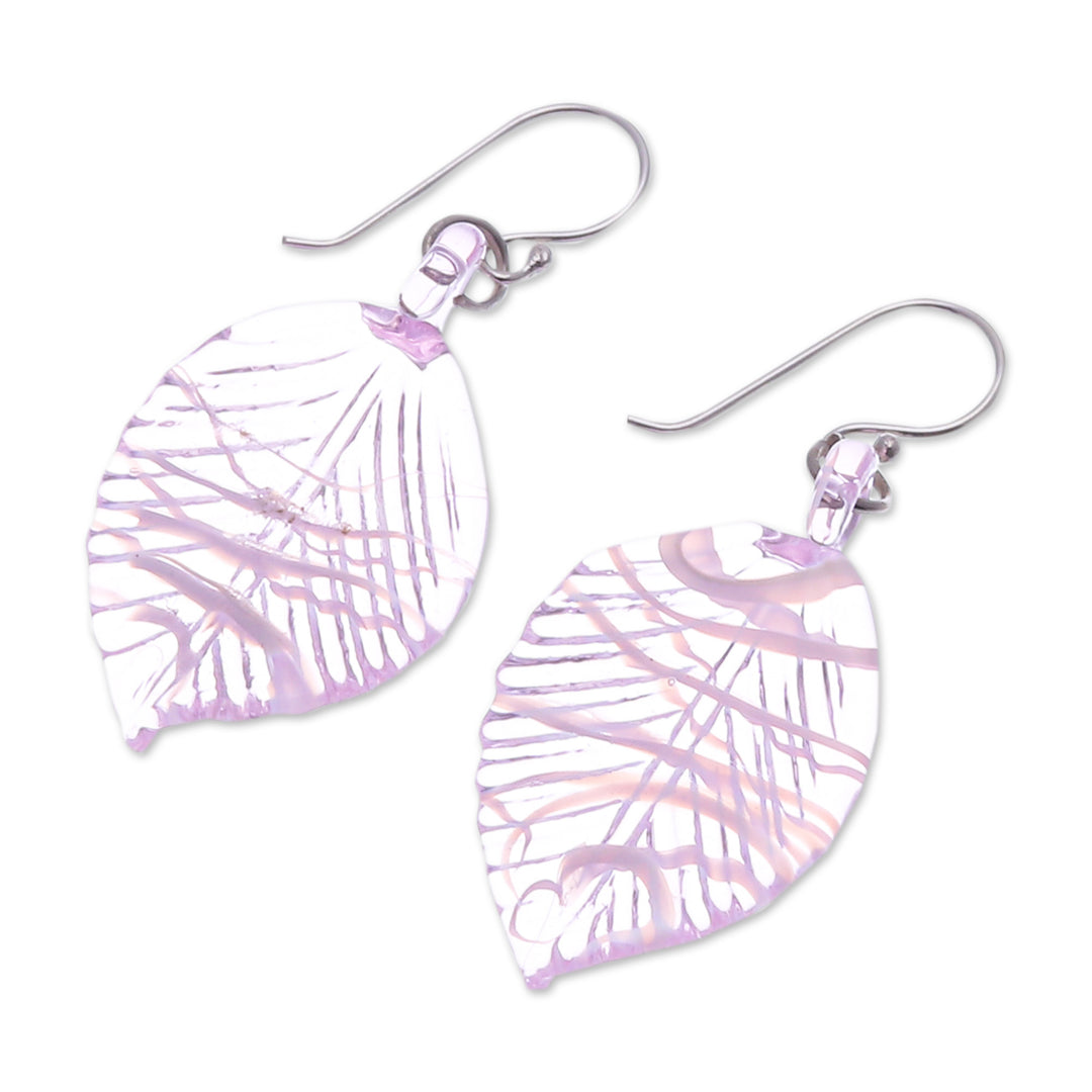 Handblown Leafy Pink and White Glass Dangle Earrings - Tender Foliage