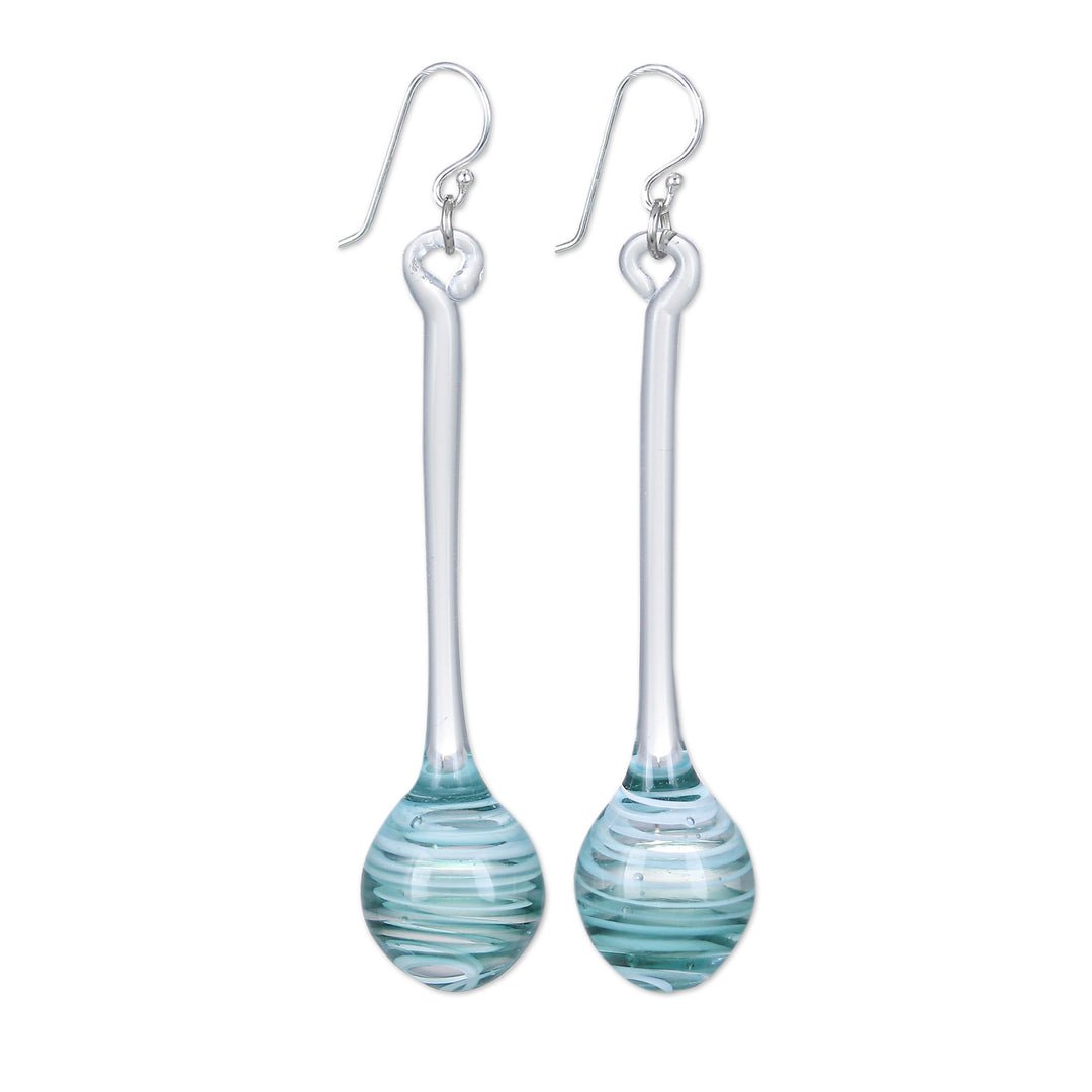 Handblown Abstract Blue and White Glass Dangle Earrings - Celestial Pendulum
