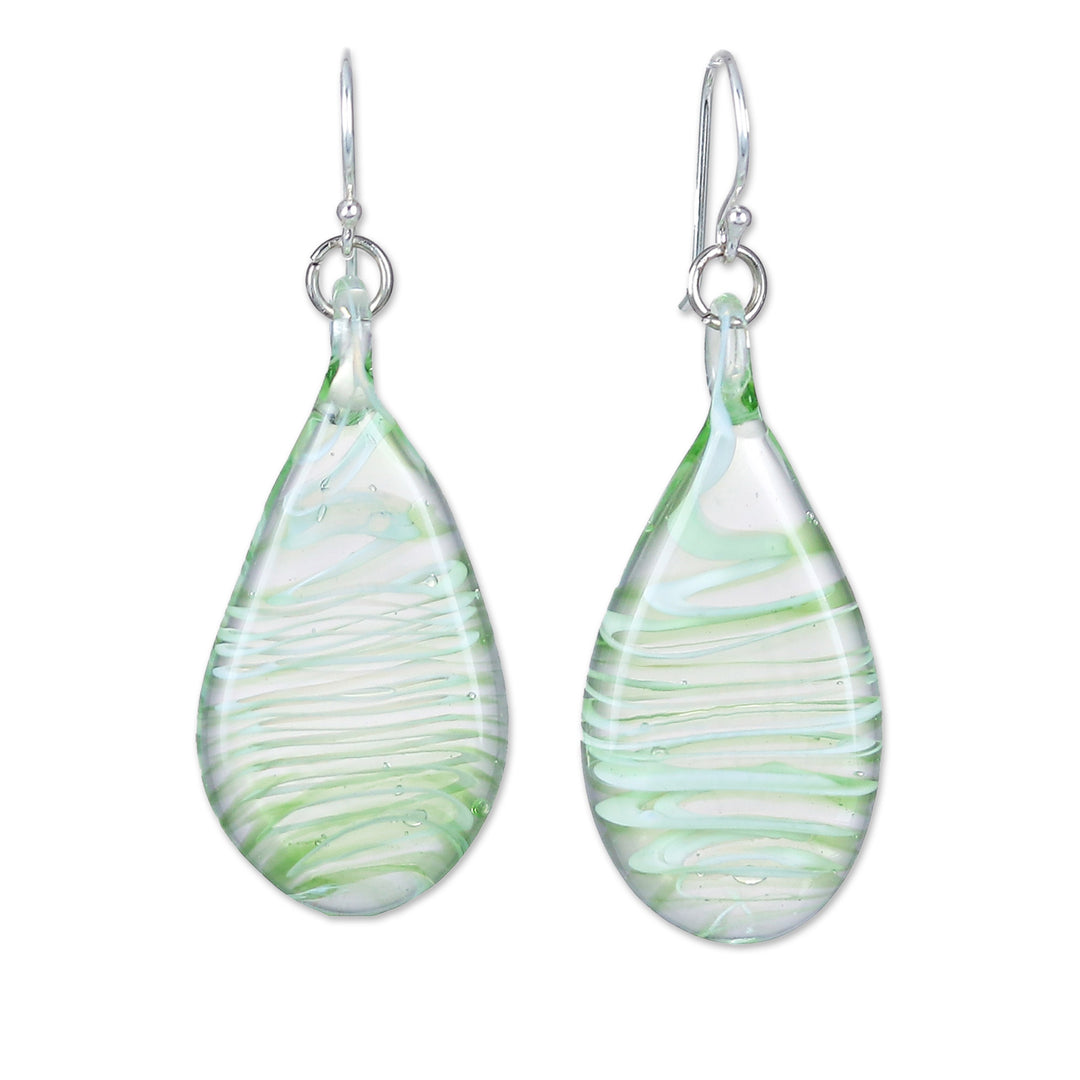 Handblown Glass Dangle Earrings with Green & White Spirals - Green Ovate Leaf