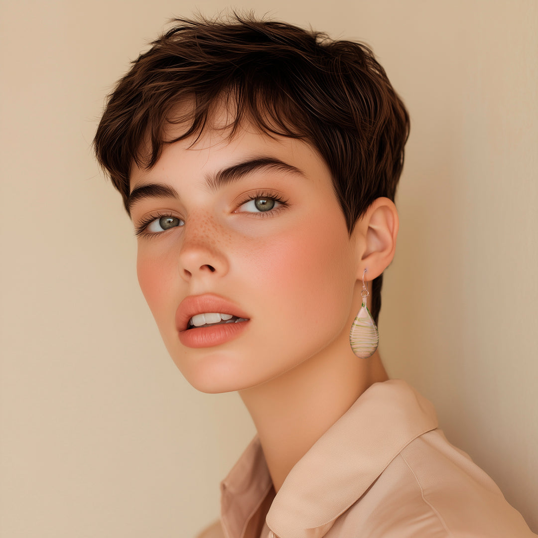 Handblown Glass Dangle Earrings with Green & White Spirals - Green Ovate Leaf