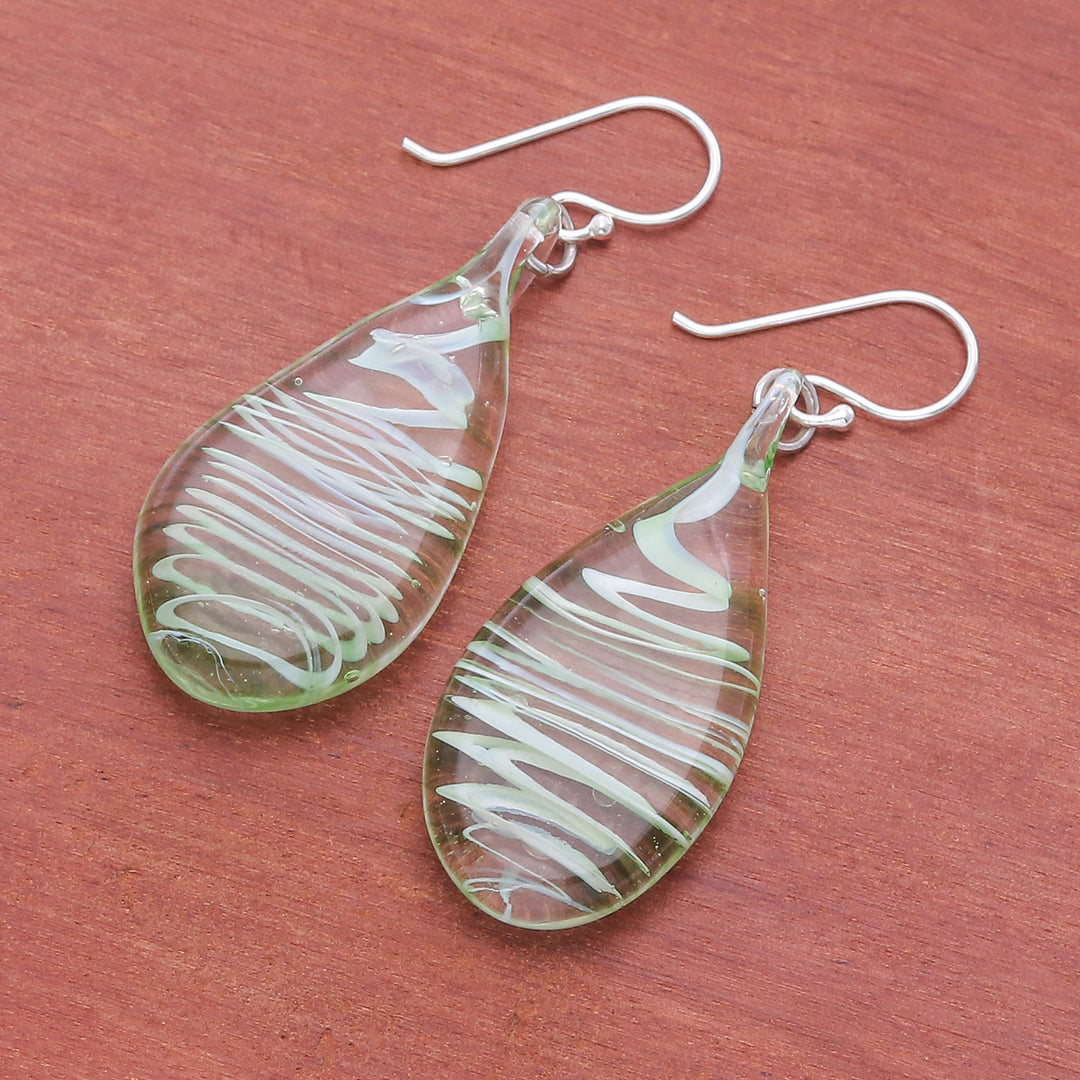 Handblown Glass Dangle Earrings with Green & White Spirals - Green Ovate Leaf