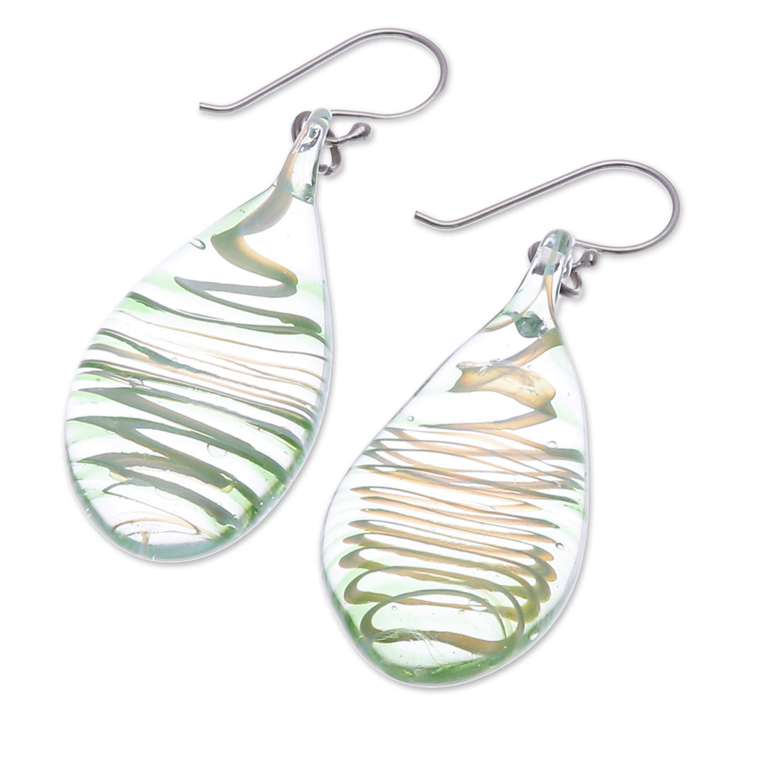 Handblown Glass Dangle Earrings with Green & White Spirals - Green Ovate Leaf
