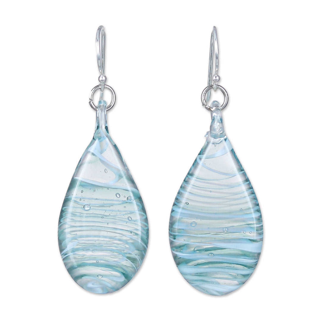 Handblown Glass Dangle Earrings with Blue & White Spirals - Blue Ovate Leaf