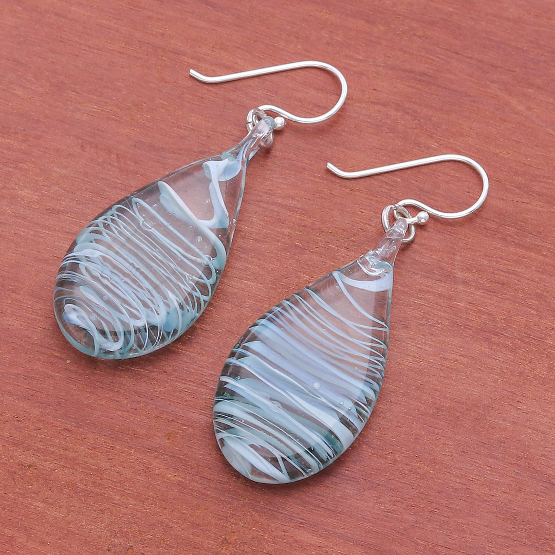 Handblown Glass Dangle Earrings with Blue & White Spirals - Blue Ovate Leaf