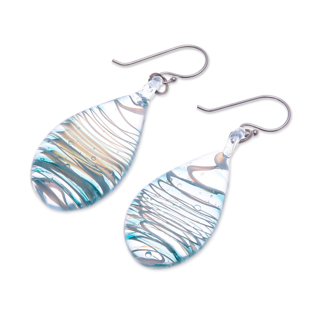Handblown Glass Dangle Earrings with Blue & White Spirals - Blue Ovate Leaf