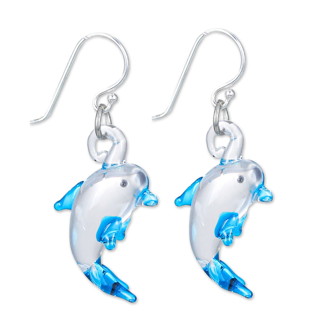 Handblown Glass Dolphin Dangle Earrings from Thailand - Dolphin Glam