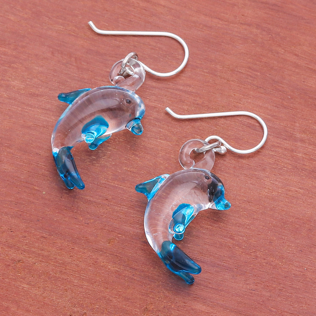 Handblown Glass Dolphin Dangle Earrings from Thailand - Dolphin Glam