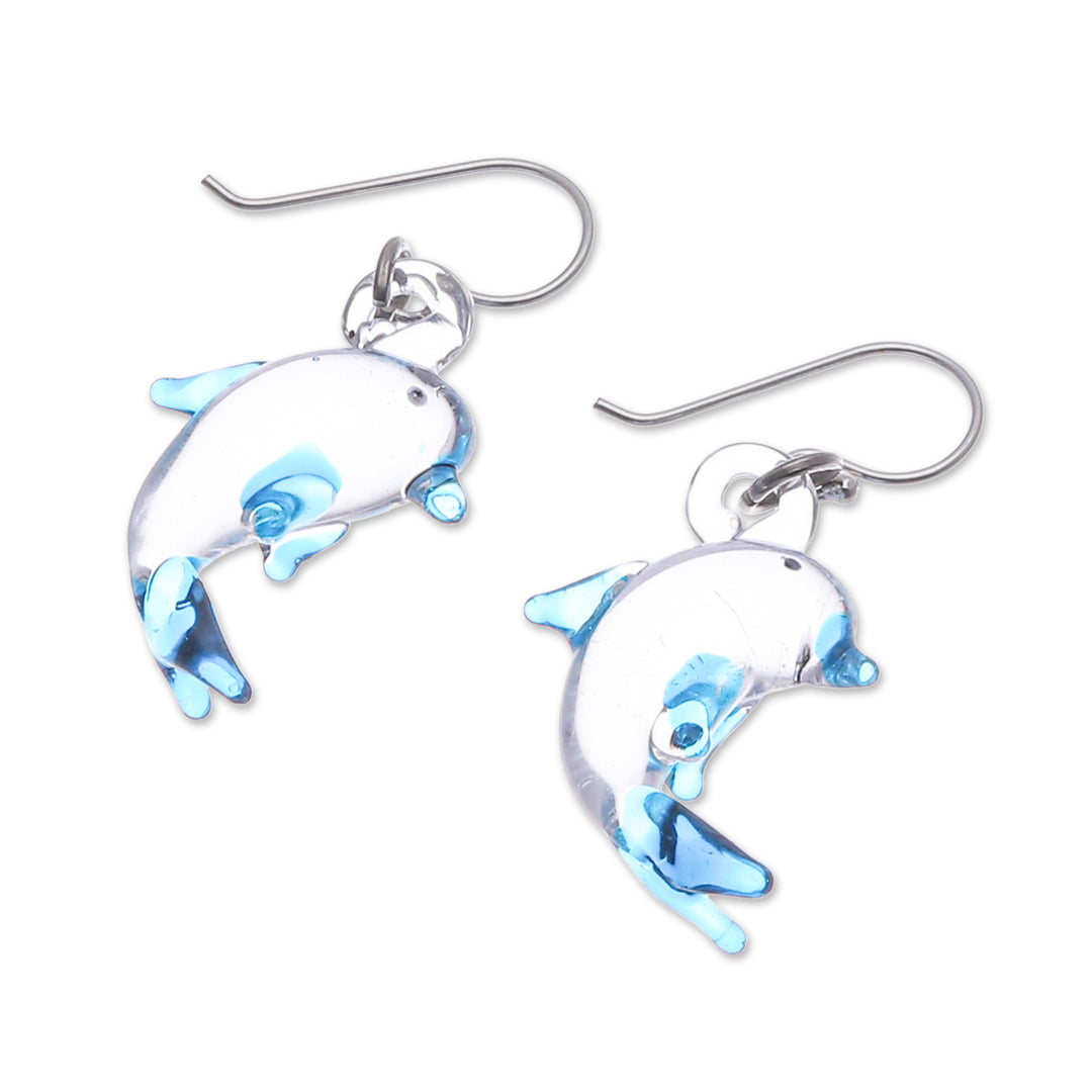 Handblown Glass Dolphin Dangle Earrings from Thailand - Dolphin Glam
