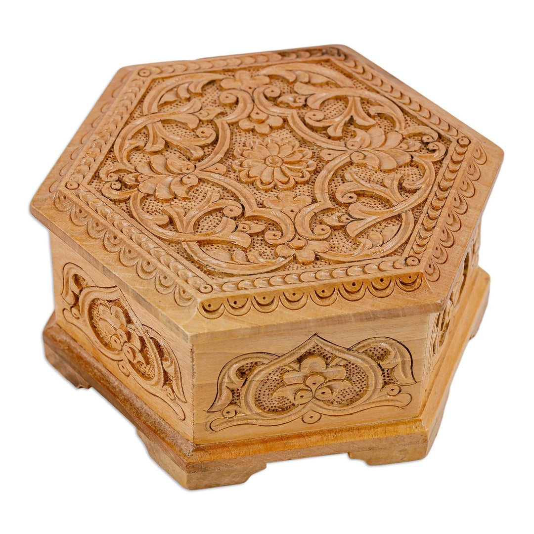 Hand-Carved Hexagonal Floral Walnut Wood Jewelry Box - Luxury Hexagon