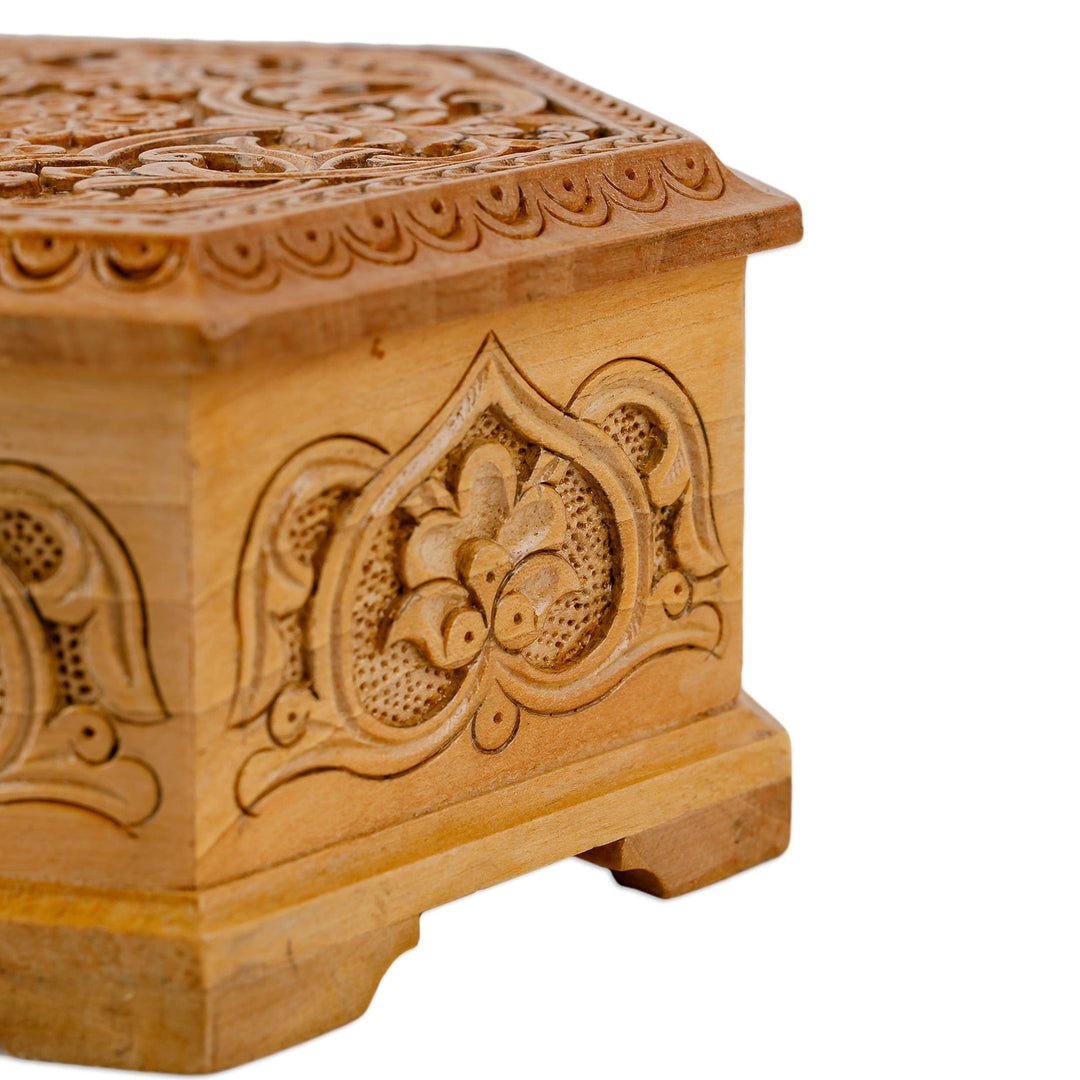 Hand-Carved Hexagonal Floral Walnut Wood Jewelry Box - Luxury Hexagon