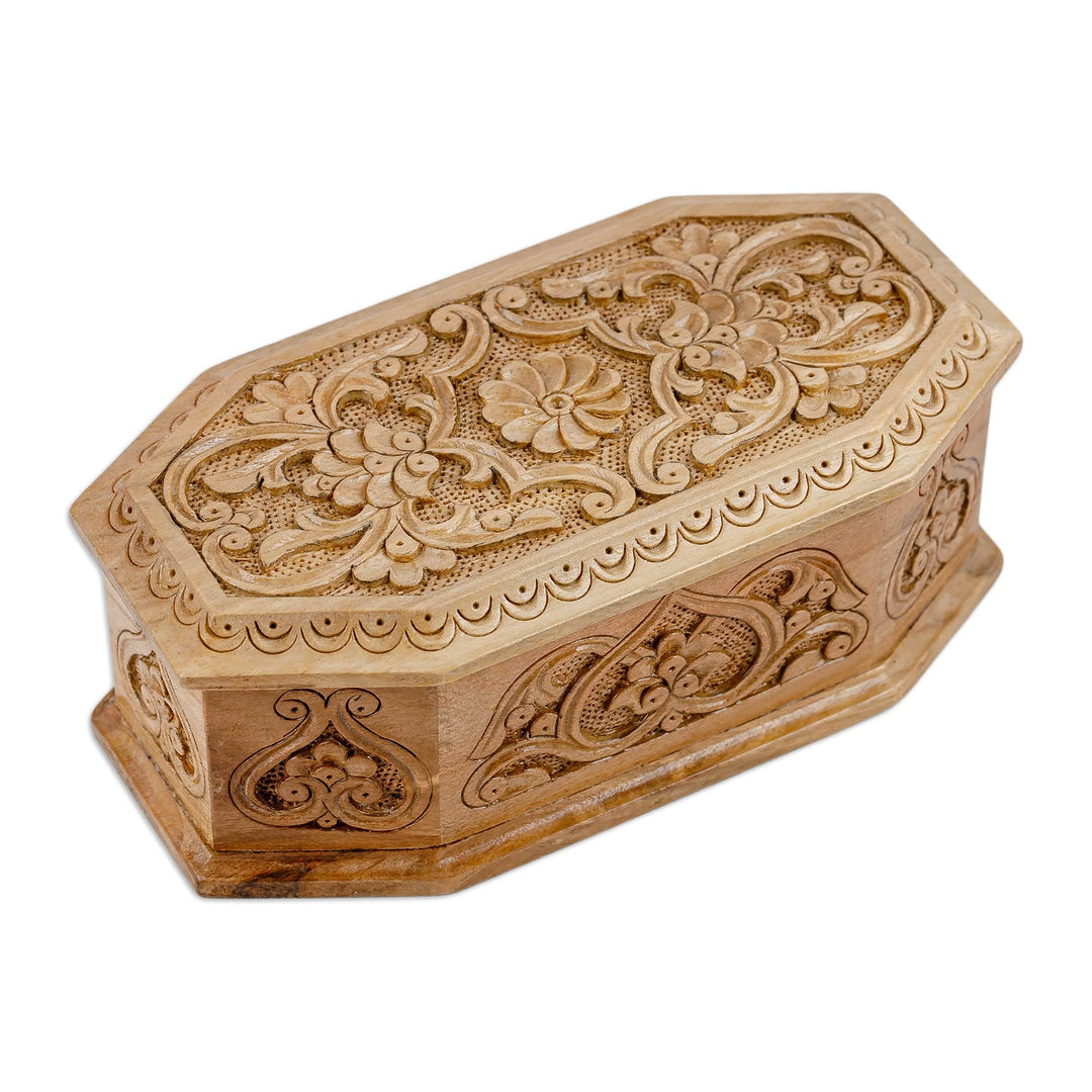 Hand-Carved Geometric Floral Walnut Wood Jewelry Box - Gardens from Paradise