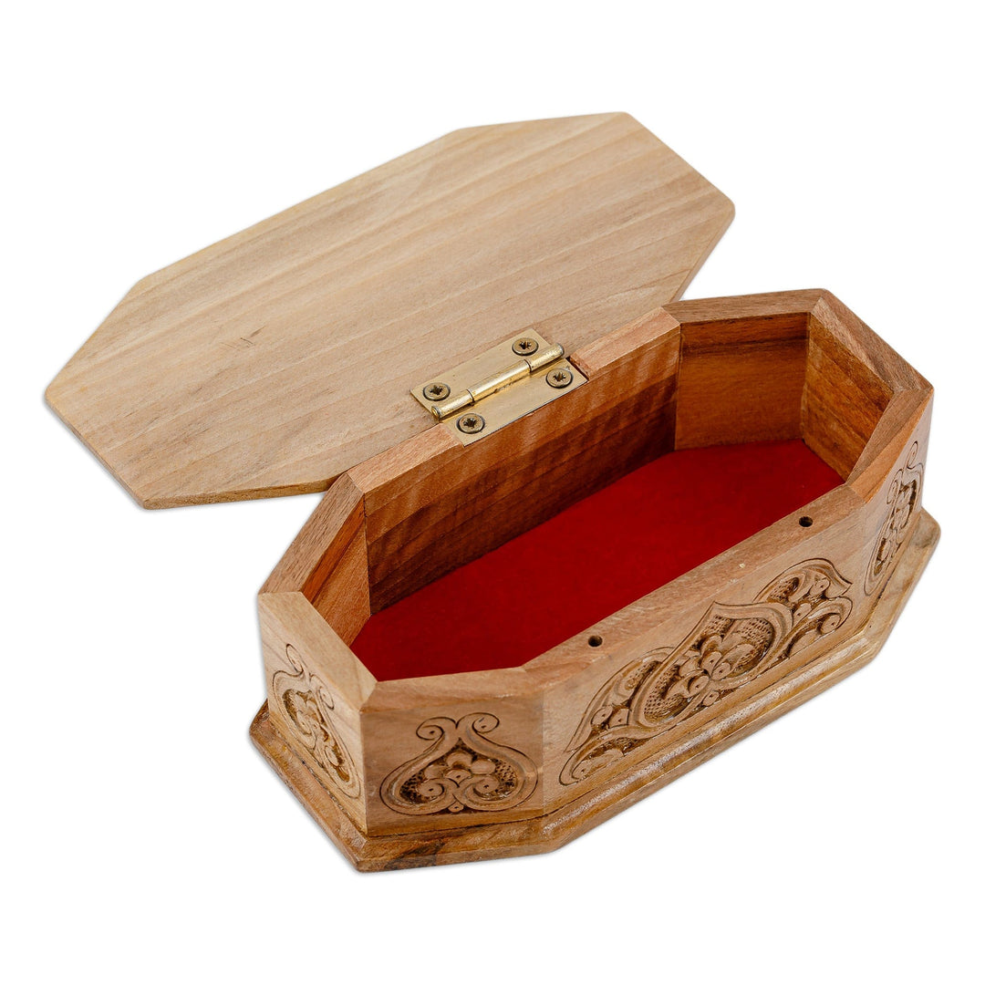 Hand-Carved Geometric Floral Walnut Wood Jewelry Box - Gardens from Paradise