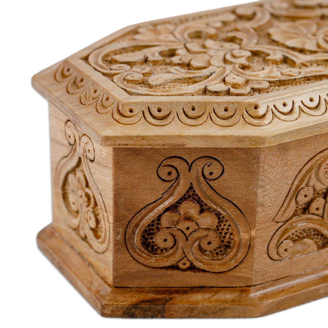 Hand-Carved Geometric Floral Walnut Wood Jewelry Box - Gardens from Paradise