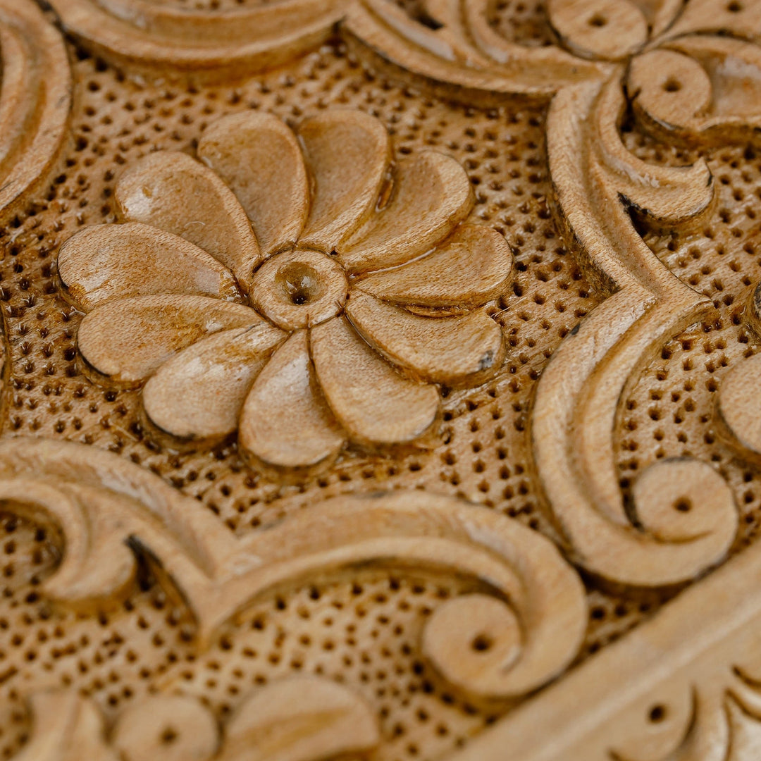 Hand-Carved Geometric Floral Walnut Wood Jewelry Box - Gardens from Paradise