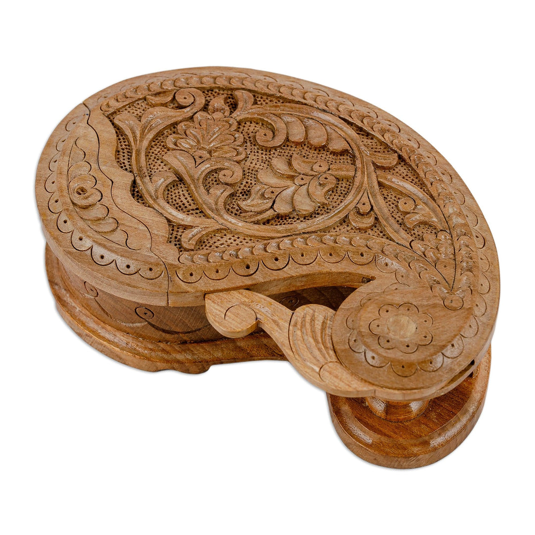 Hand-Carved Paisley-Shaped Leafy Walnut Wood Puzzle Box - Portal to the Paisley Forest