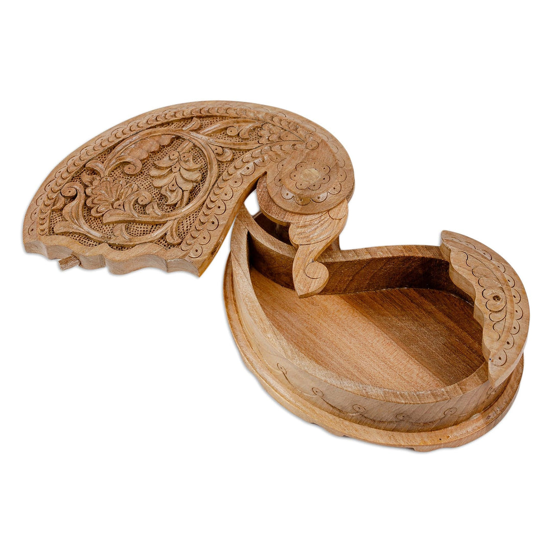 Hand-Carved Paisley-Shaped Leafy Walnut Wood Puzzle Box - Portal to the Paisley Forest