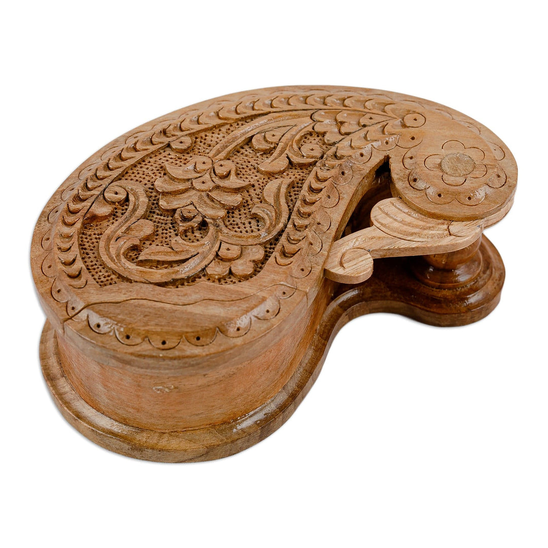 Hand-Carved Paisley-Shaped Floral Walnut Wood Puzzle Box - Portal to the Paisley Garden