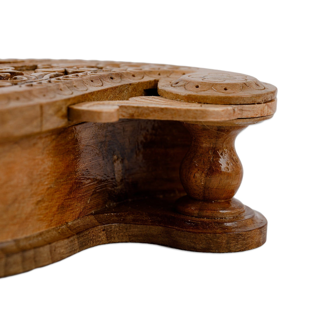 Hand-Carved Paisley-Shaped Floral Walnut Wood Puzzle Box - Portal to the Paisley Garden