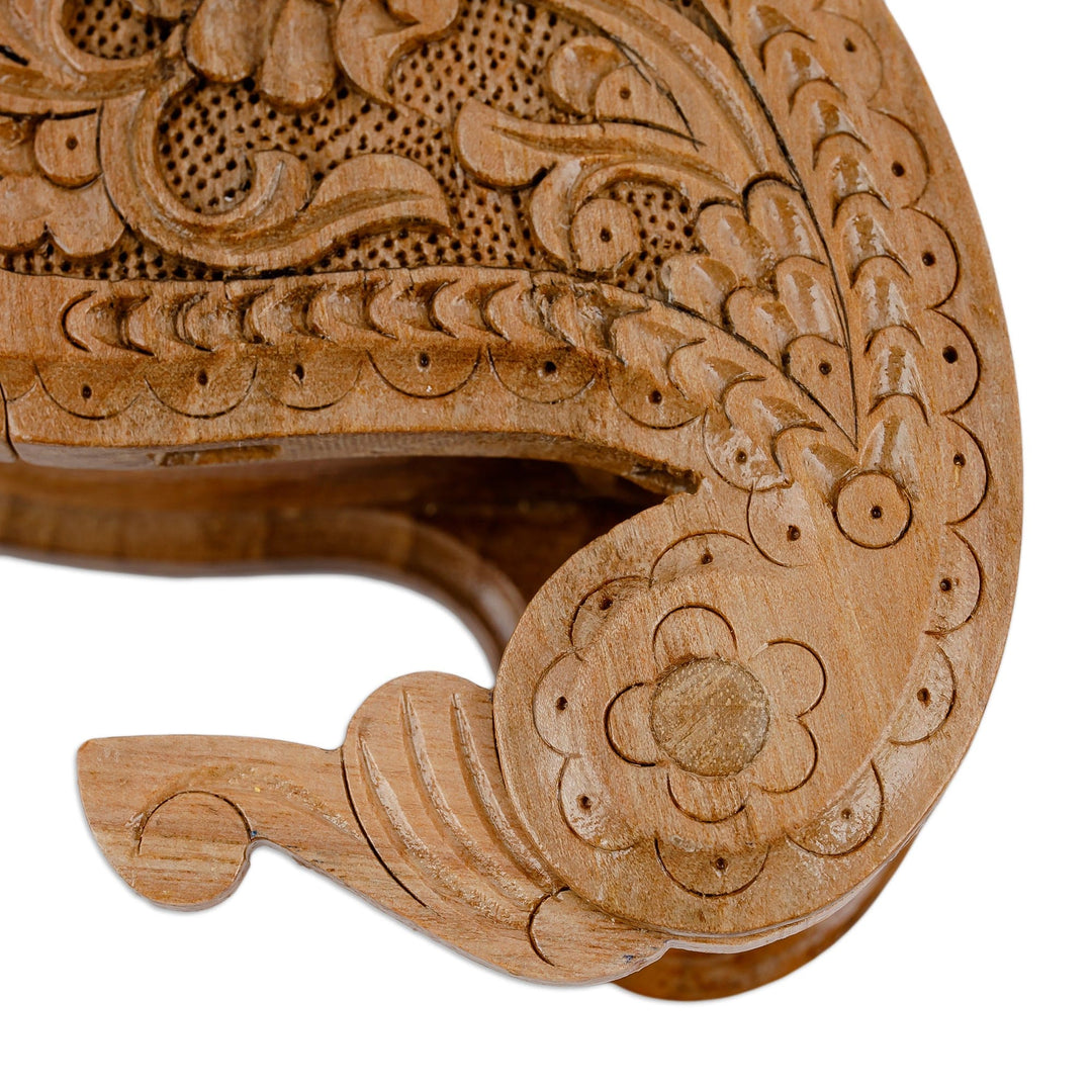 Hand-Carved Paisley-Shaped Floral Walnut Wood Puzzle Box - Portal to the Paisley Garden