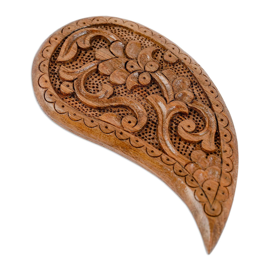 Hand-Carved Paisley-Shaped Floral Walnut Wood Magnet - The Paisley Eden
